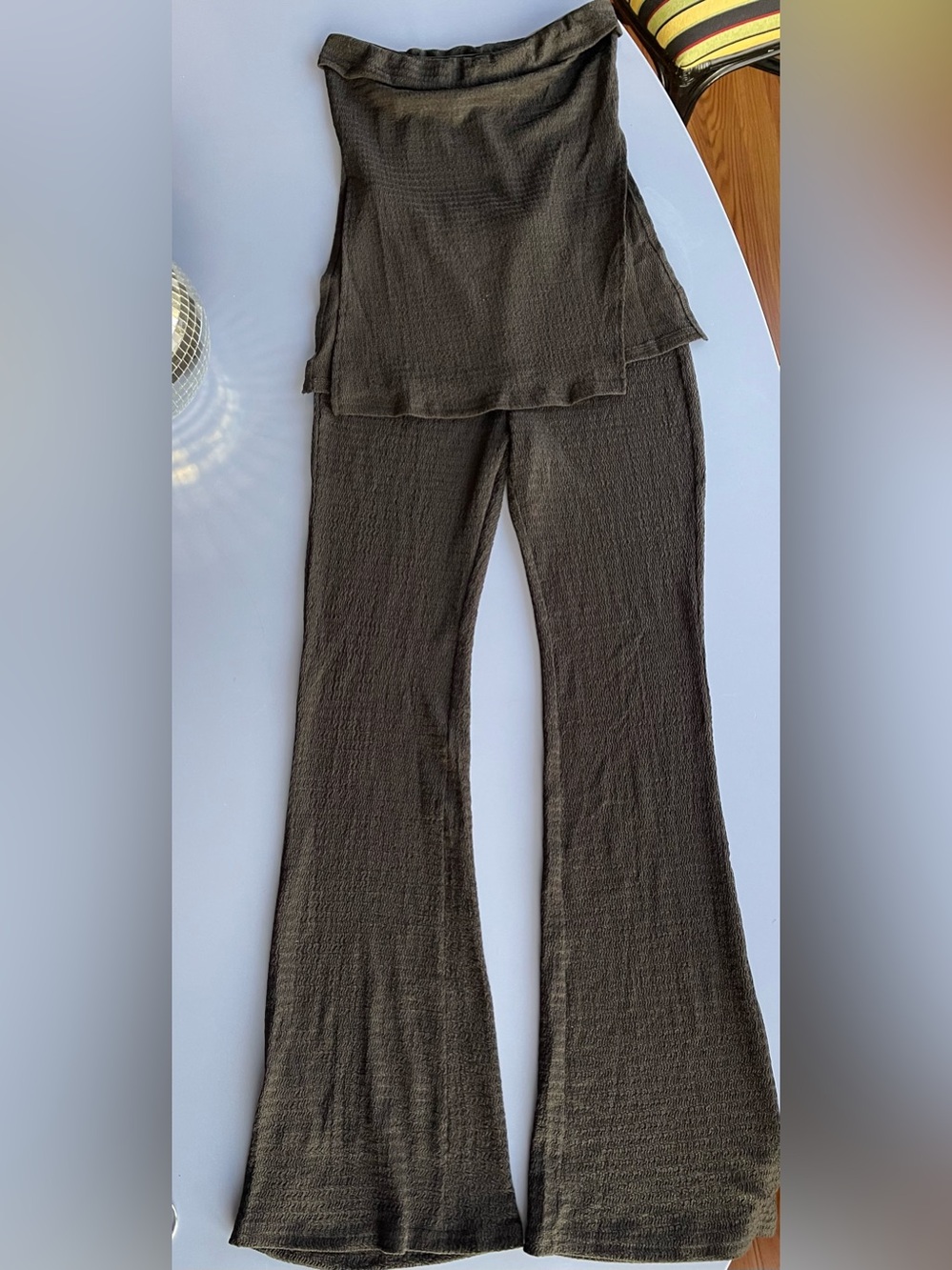 Strapless top with slit and Flared Knit Pants Set